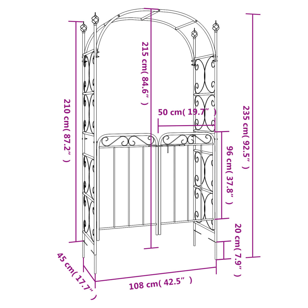 Arco de jardim c/ portão 108x45x235 cm aço preto
