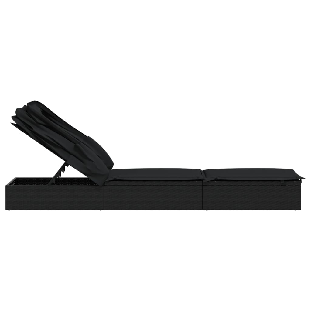 Espreguiçadeira c/ teto dobrável 213x63x97 cm vime PE preto