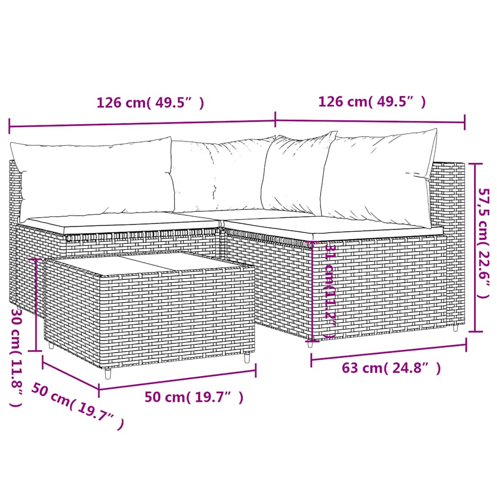 4 pcs conjunto lounge de jardim c/ almofadões vime PE preto