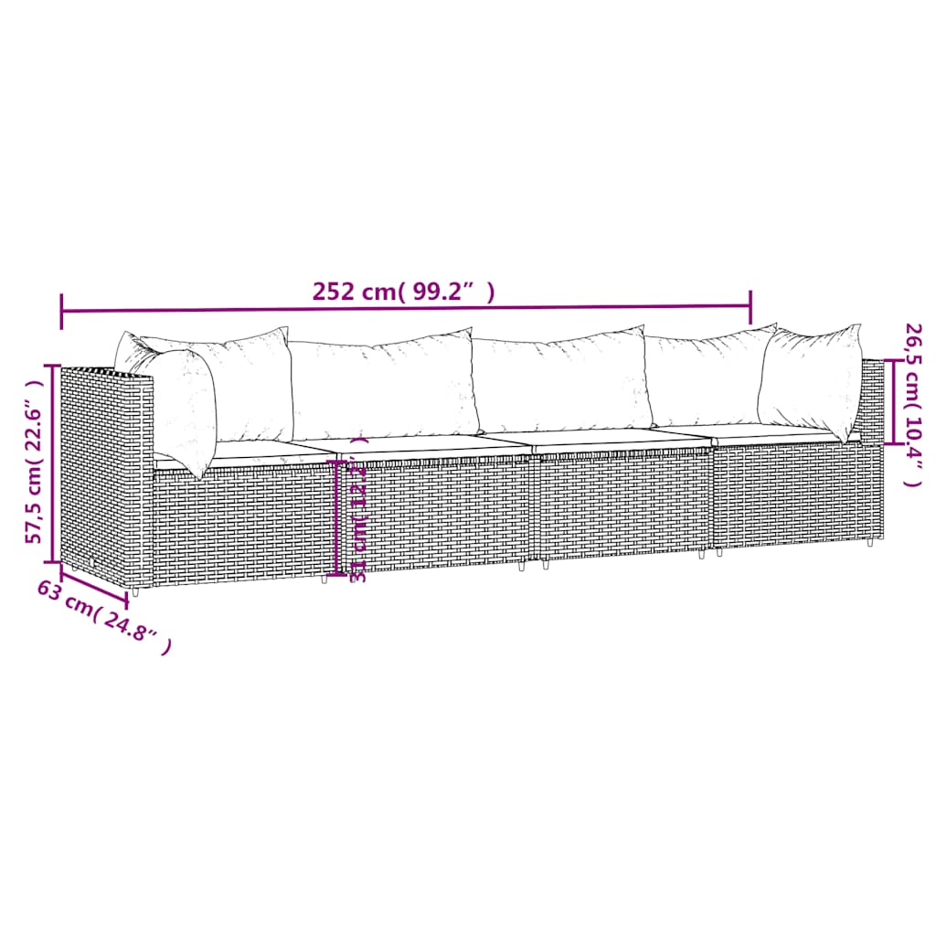 4 pcs conjunto lounge de jardim c/ almofadões vime PE preto