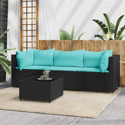 4 pcs conjunto lounge de jardim c/ almofadões vime PE preto