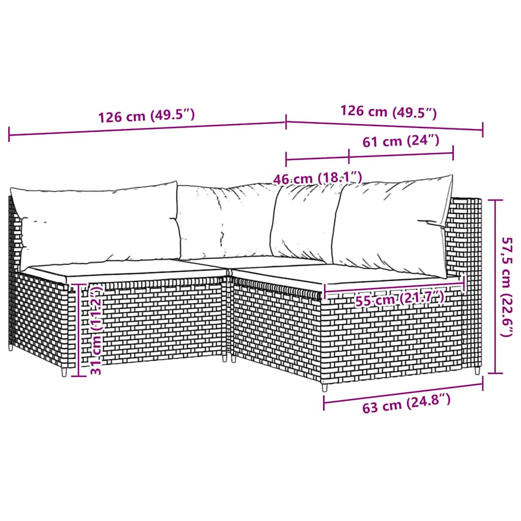 3 pcs conjunto lounge jardim c/ almofadões vime PE castanho