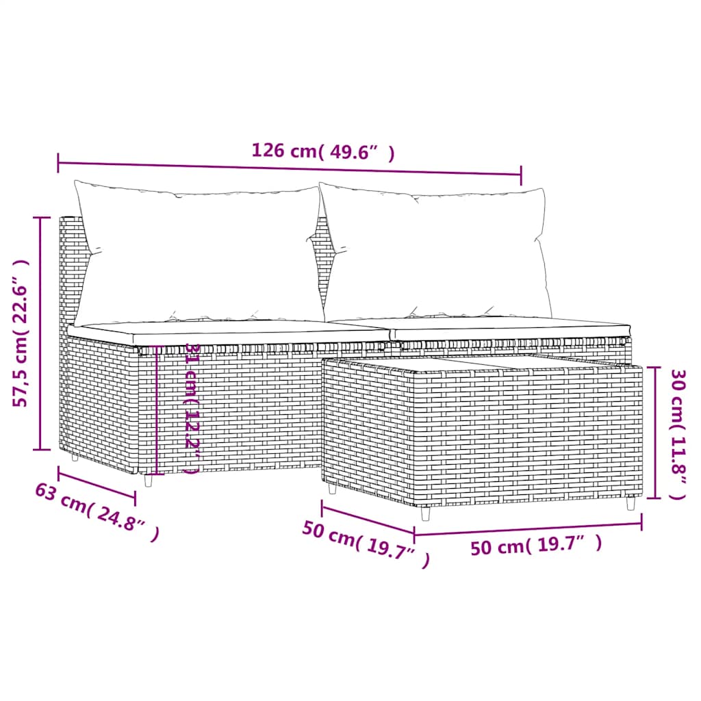 3 pcs conjunto lounge jardim c/ almofadões vime PE castanho