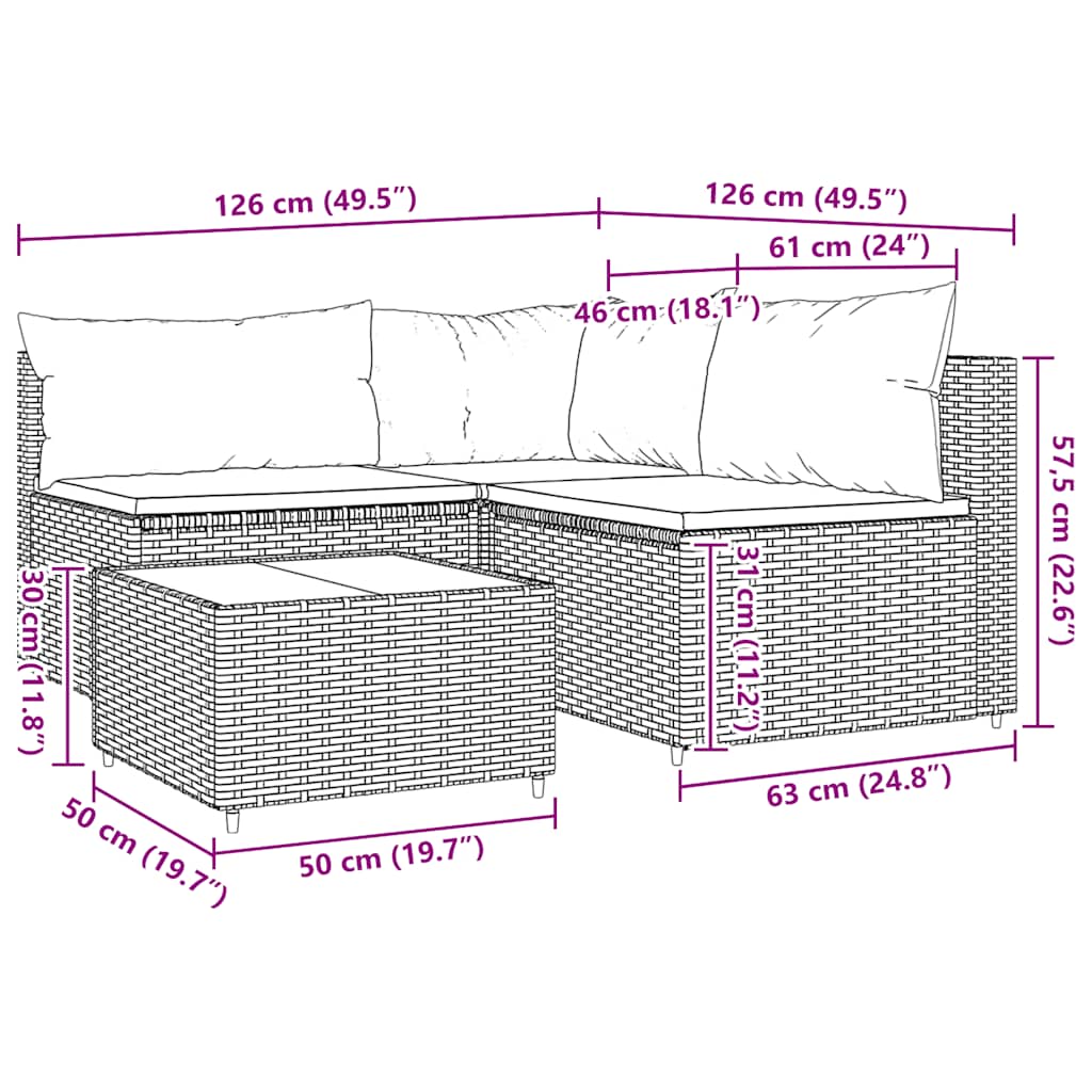 4 pcs conjunto lounge de jardim c/ almofadões vime PE cinzento