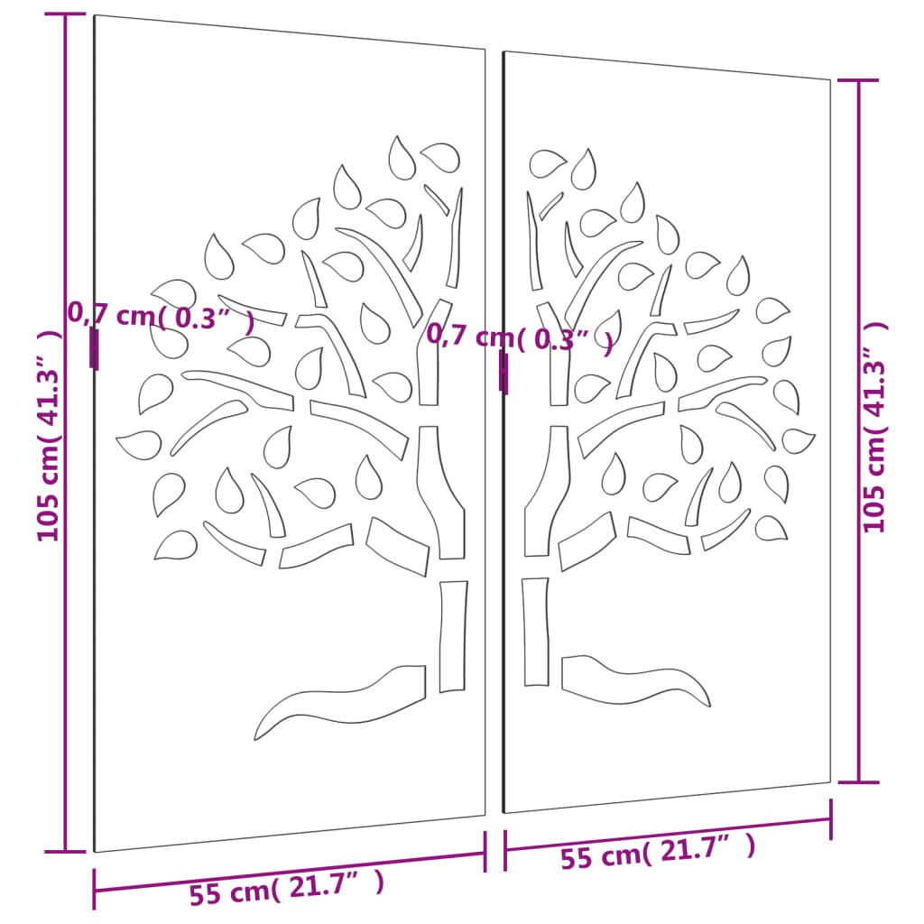 Decoração muro de jardim 2pcs 105x55cm aço corten design árvore