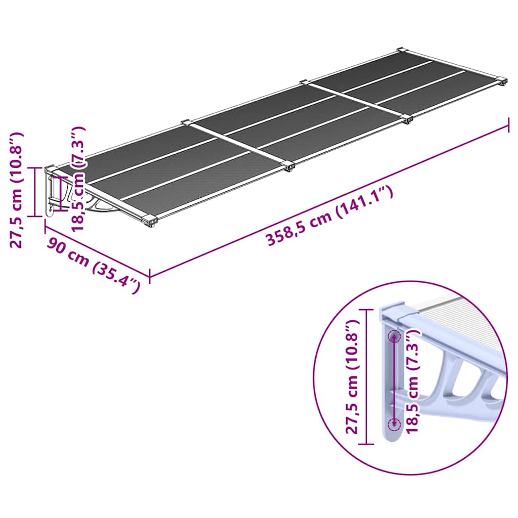 Toldo para porta 358,5x90cm policarbonato cinzento/transparente