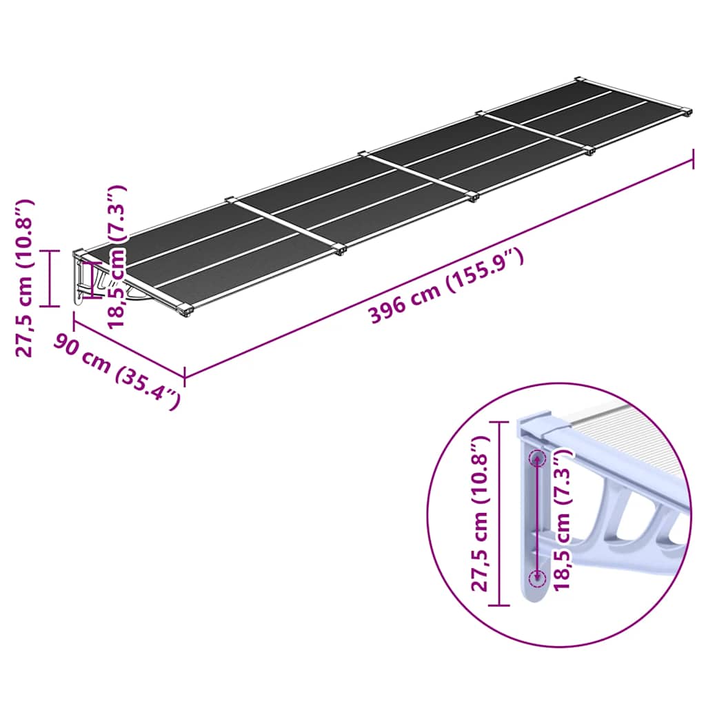Toldo para porta 396x90 cm policarbonato cinzento/transparente