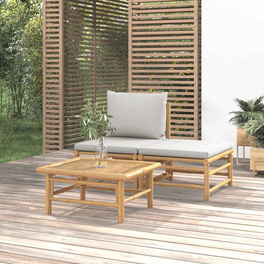 3 pcs conj. lounge de jardim bambu c/ almofadões cinzento-claro