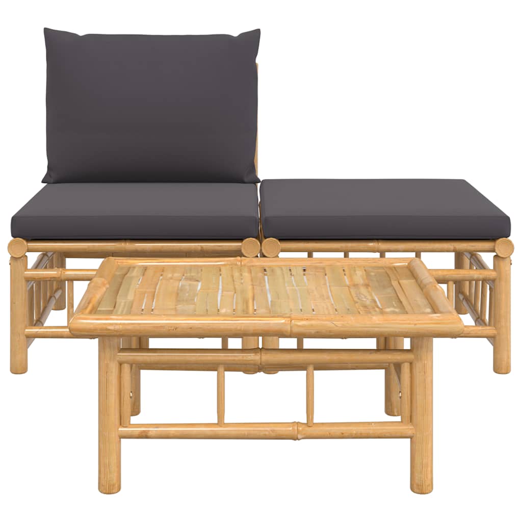3pcs conj. lounge de jardim bambu c/ almofadões cinzento-escuro