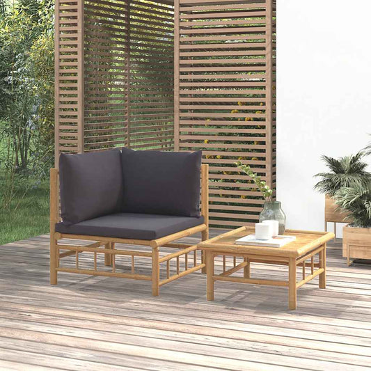 2pcs conj. lounge de jardim bambu c/ almofadões cinzento-escuro