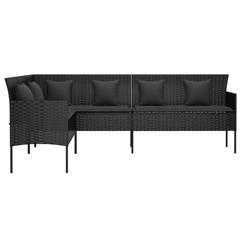 Sofá em forma de L p/ jardim c/ almofadões vime PE preto