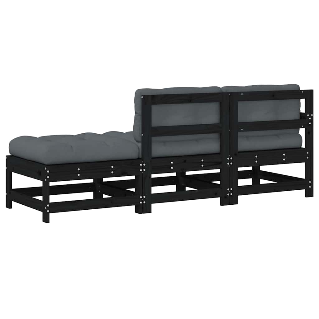 3 pcs conjunto lounge jardim c/ almofadões madeira maciça preto