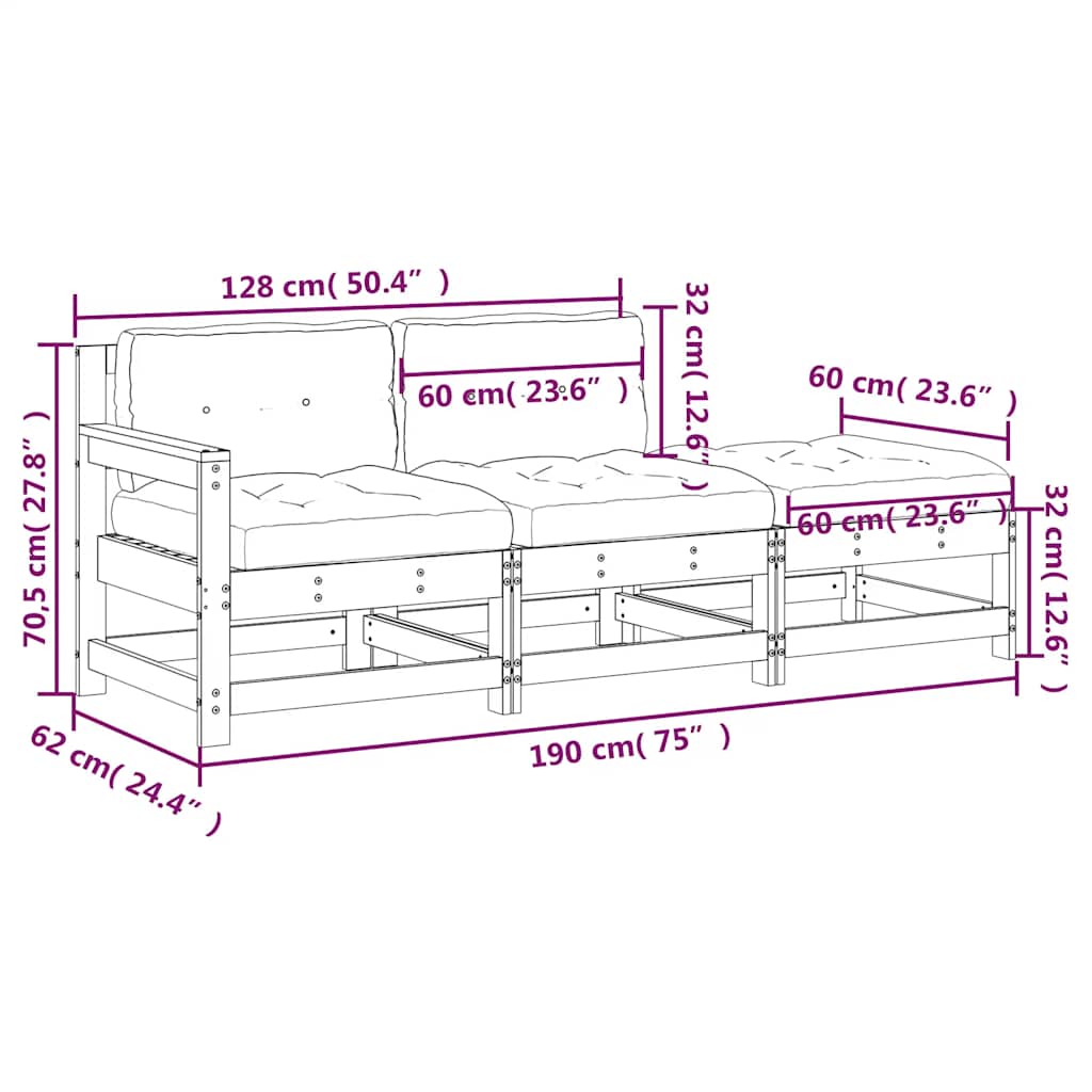 3 pcs conjunto lounge jardim c/ almofadões madeira maciça preto