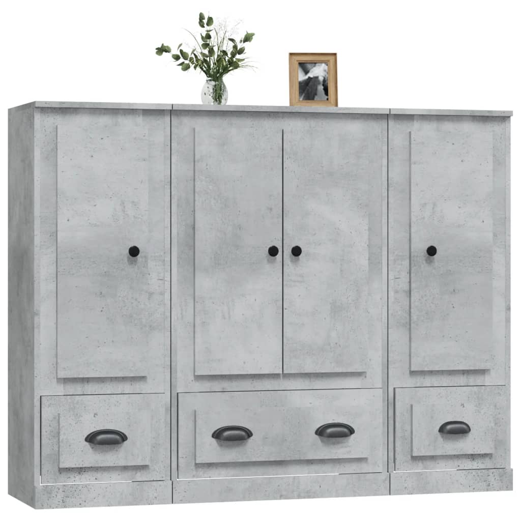 Armários altos 3 pcs derivados de madeira cinzento cimento