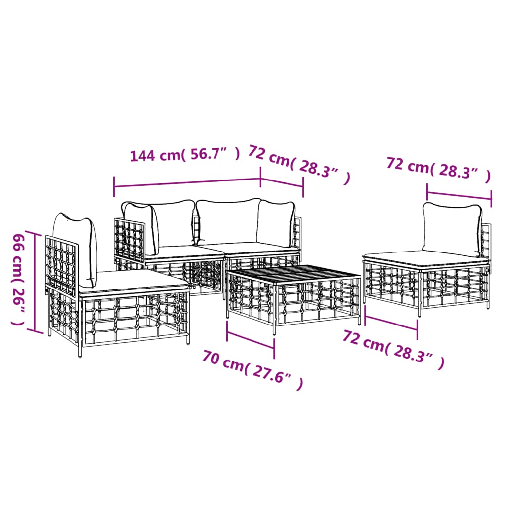 5 pcs conjunto lounge de jardim c/ almofadões vime PE antracite