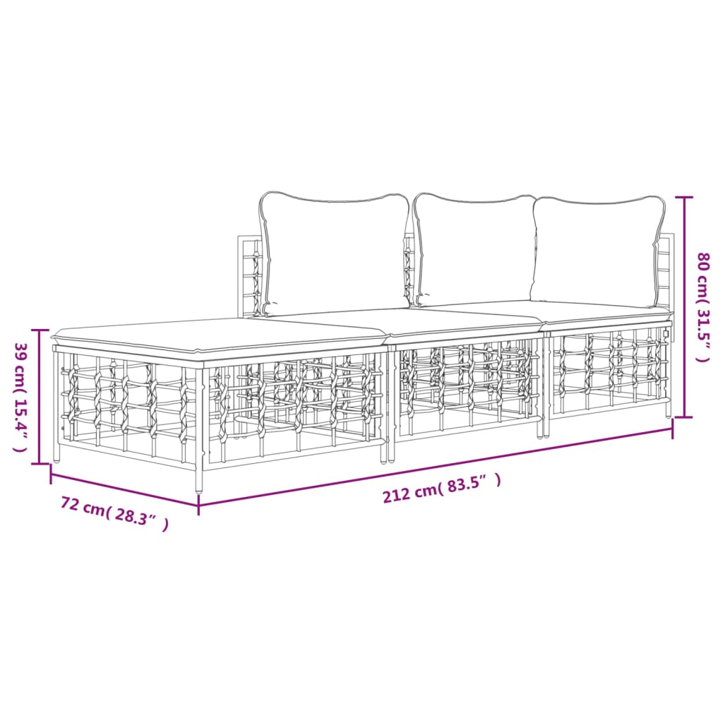 3 pcs conjunto lounge de jardim c/ almofadões vime PE antracite