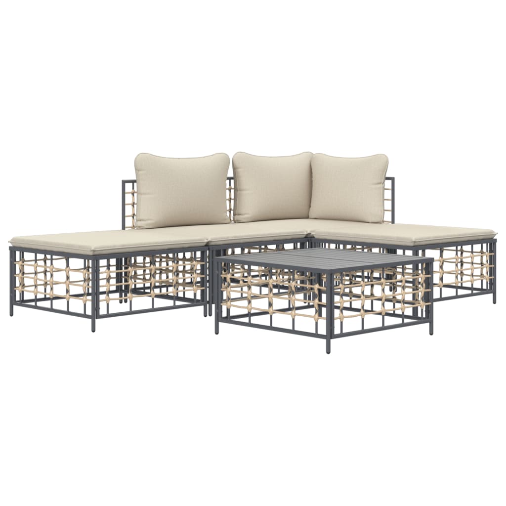 5 pcs conjunto lounge de jardim c/ almofadões vime PE antracite