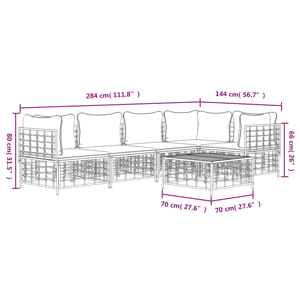 6 pcs conjunto lounge de jardim c/ almofadões vime PE antracite