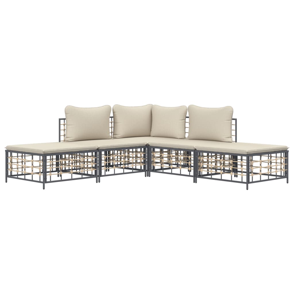 5 pcs conjunto lounge de jardim c/ almofadões vime PE antracite