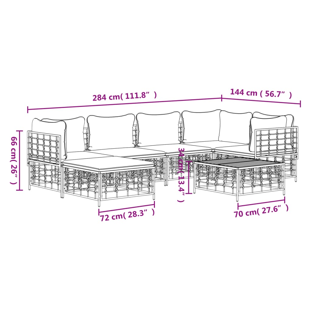 7 pcs conjunto lounge de jardim c/ almofadões vime PE antracite