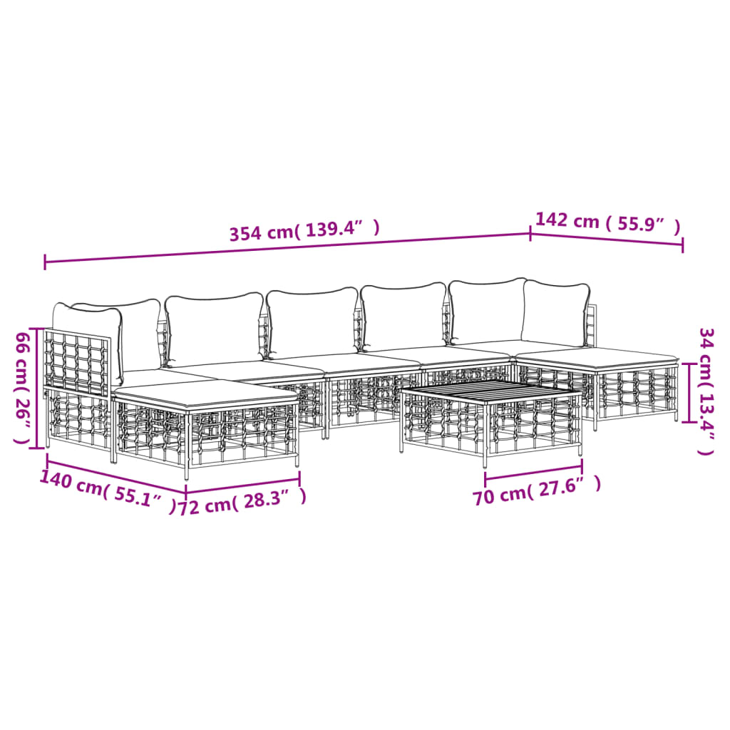 8 pcs conjunto lounge de jardim c/ almofadões vime PE antracite