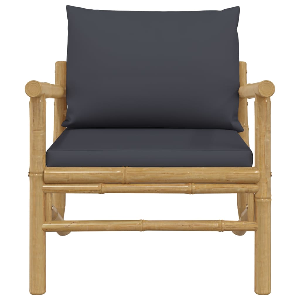 Cadeiras de jardim 2 pcs bambu c/ almofadões cinzento-escuro