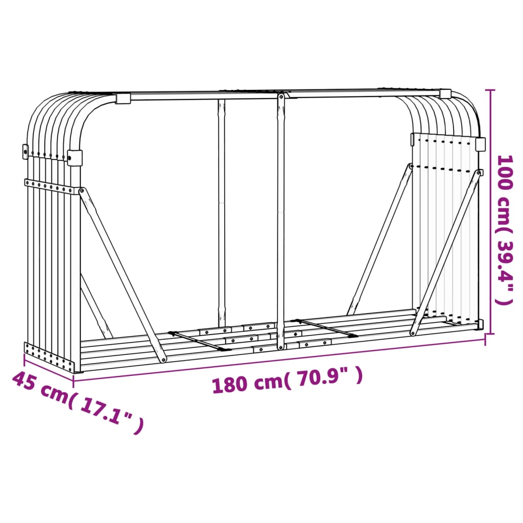 Suporte de lenha 180x45x100 cm aço galvanizado aspeto de madeira