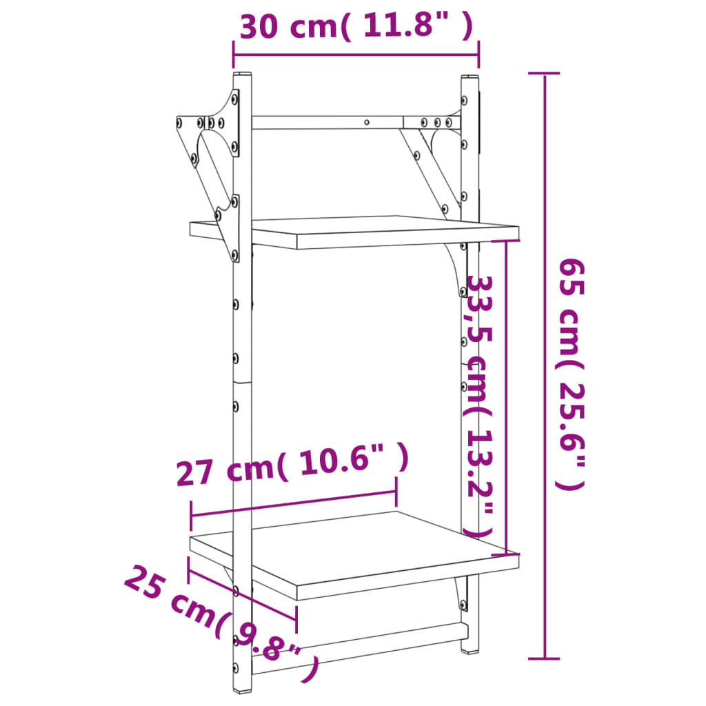 Unidade 2 prateleiras parede com barras 2 pcs 30x25x65 cm preto