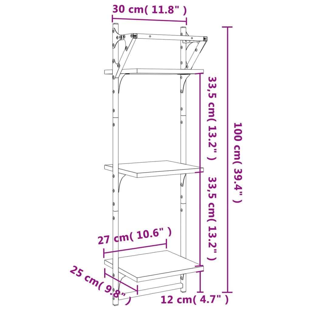 Estante 3 prateleiras parede c/ barras 2 pcs 30x25x100 cm preto
