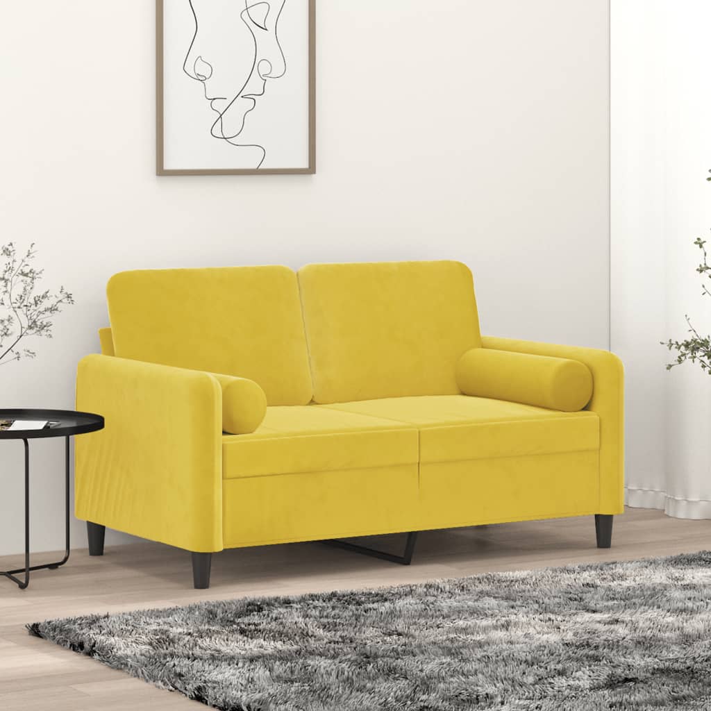 Sofá 2 lugares c/ almofadas decorativas 120 cm veludo amarelo