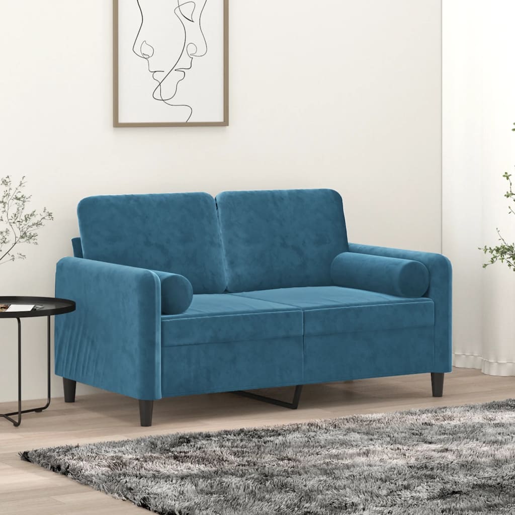 Sofá 2 lugares c/ almofadas decorativas 120 cm veludo azul