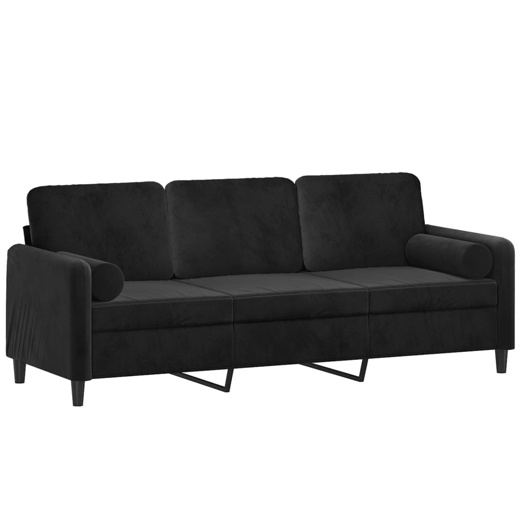 Sofá 3 lugares c/ almofadas decorativas 180 cm veludo preto