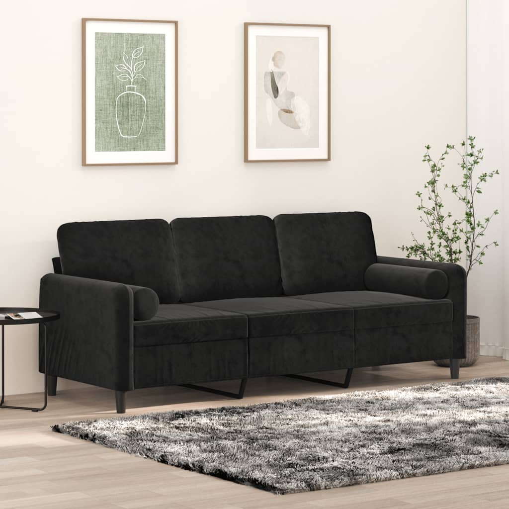 Sofá 3 lugares c/ almofadas decorativas 180 cm veludo preto