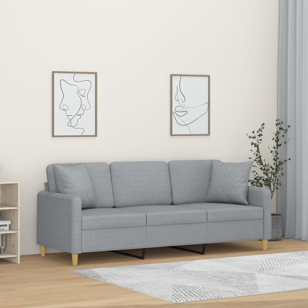 Sofá 3 lugares + almofadas decorativas 180cm tecido cinza-claro