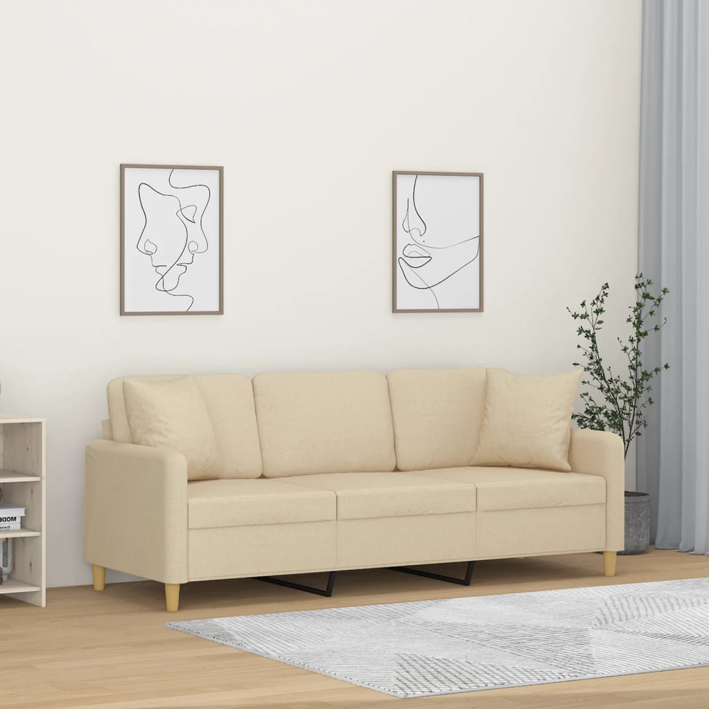 Sofá 3 lugares + almofadas decorativas 180 cm tecido cor creme