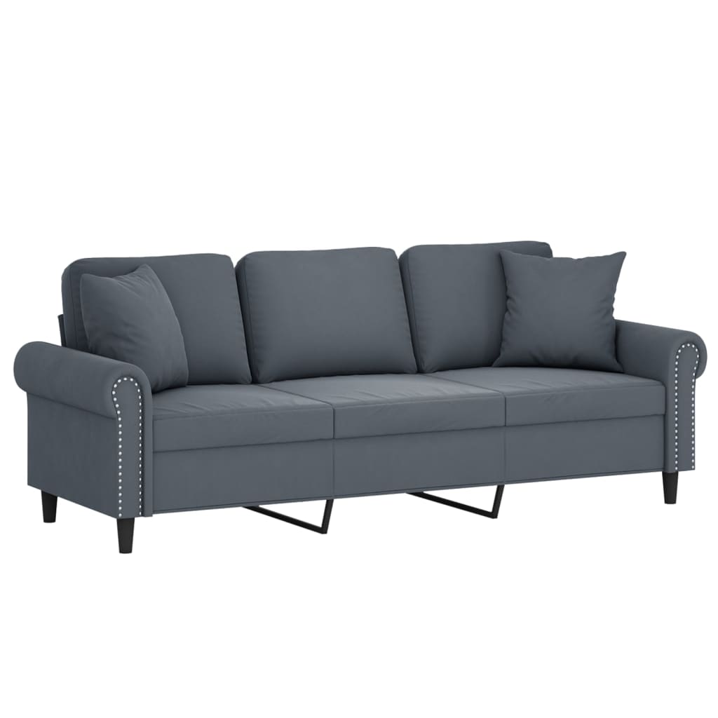Sofá 3 lug. c/ almofadas decorativas 180 cm veludo cinza-escuro