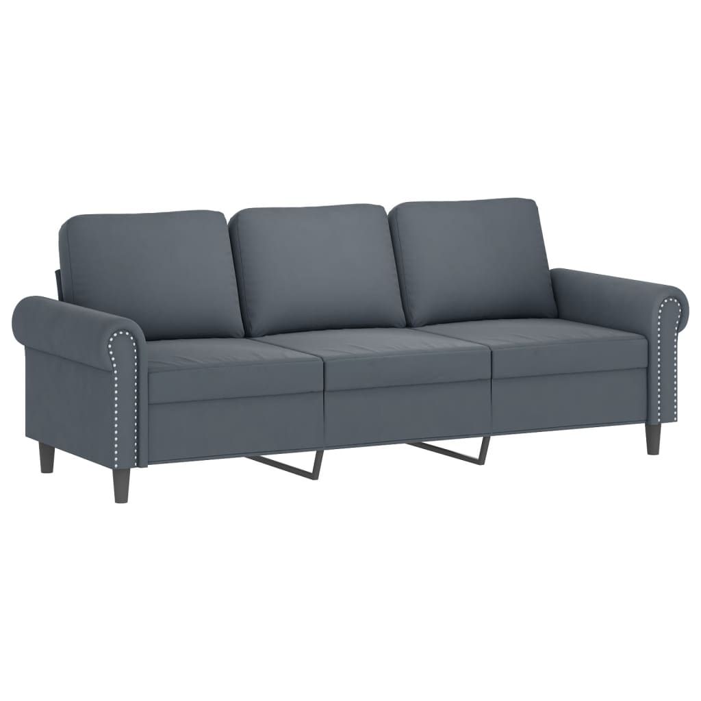 Sofá 3 lug. c/ almofadas decorativas 180 cm veludo cinza-escuro