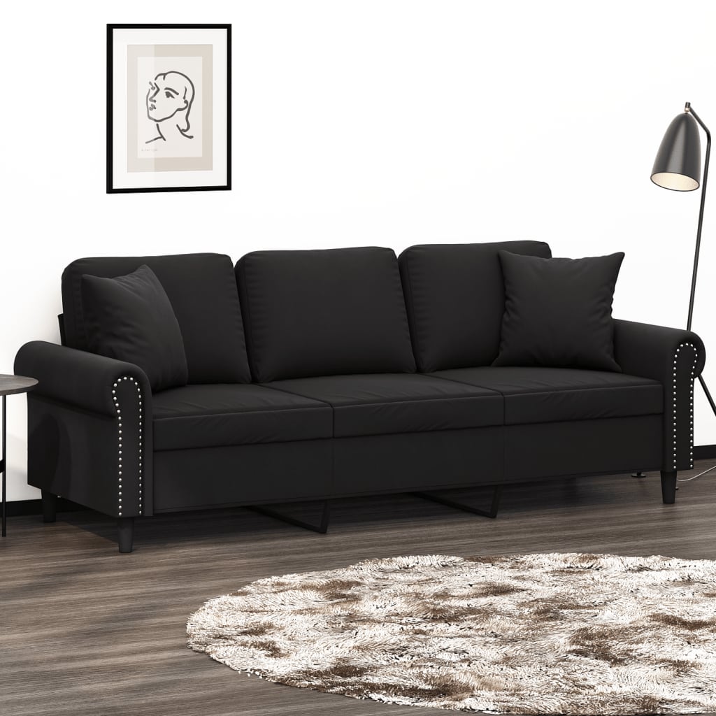Sofá 3 lugares c/ almofadas decorativas 180 cm veludo preto
