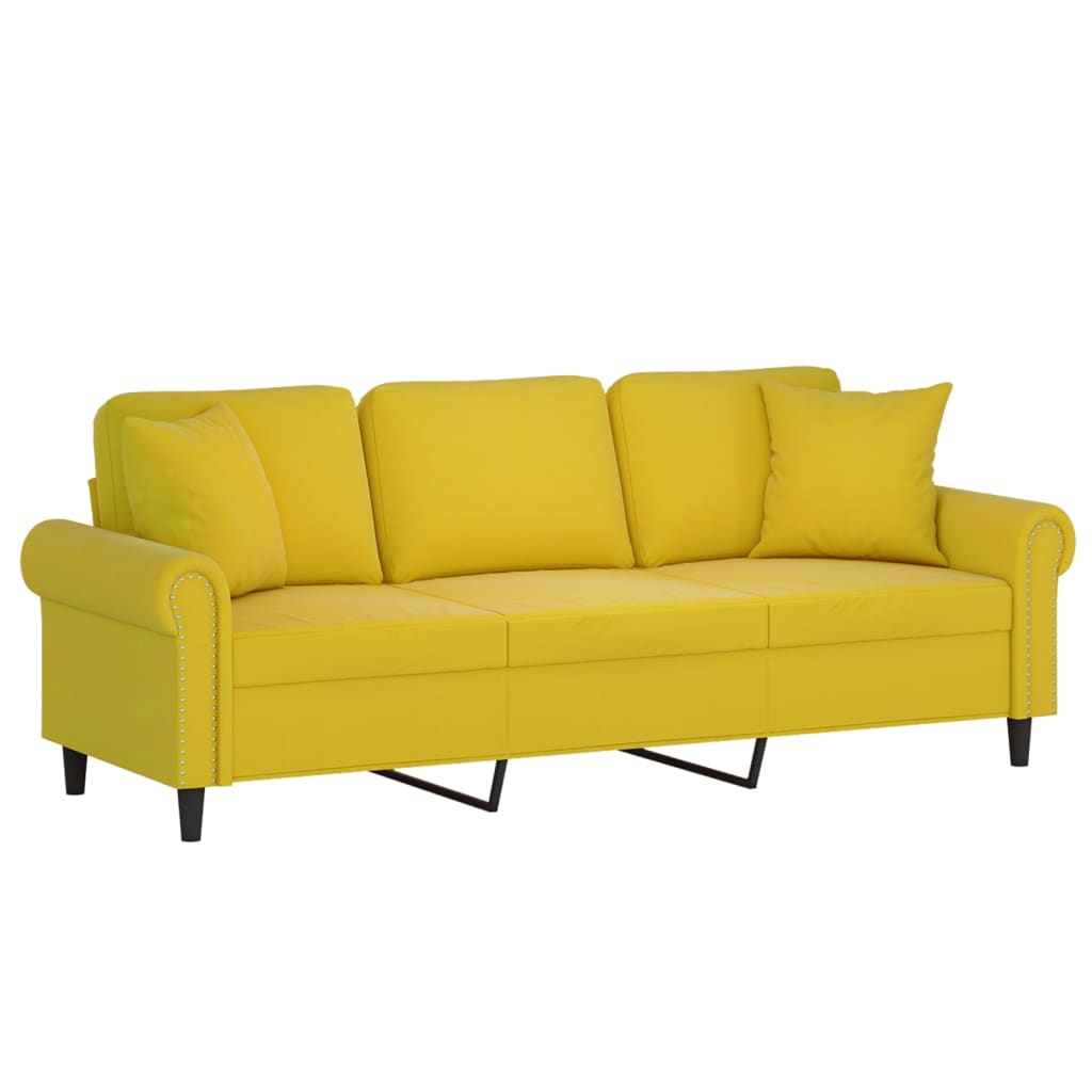 Sofá 3 lugares c/ almofadas decorativas 180 cm veludo amarelo