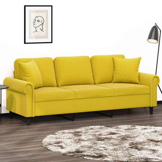 Sofá 3 lugares c/ almofadas decorativas 180 cm veludo amarelo