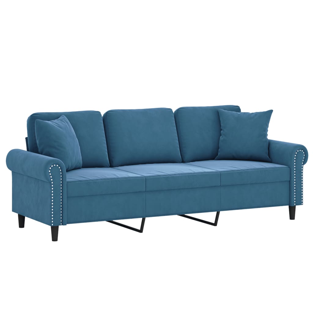Sofá 3 lugares c/ almofadas decorativas 180 cm veludo azul