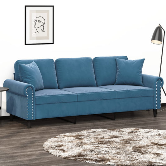 Sofá 3 lugares c/ almofadas decorativas 180 cm veludo azul