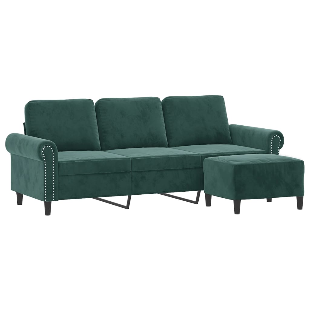 Sofá de 3 lugares com apoio de pés 180 cm veludo verde-escuro