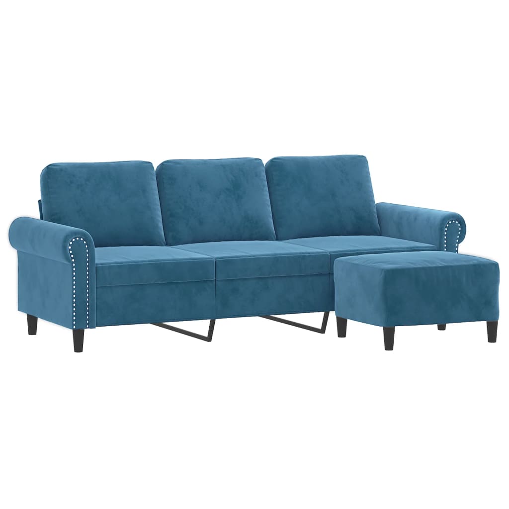 Sofá de 3 lugares com apoio de pés 180 cm veludo azul