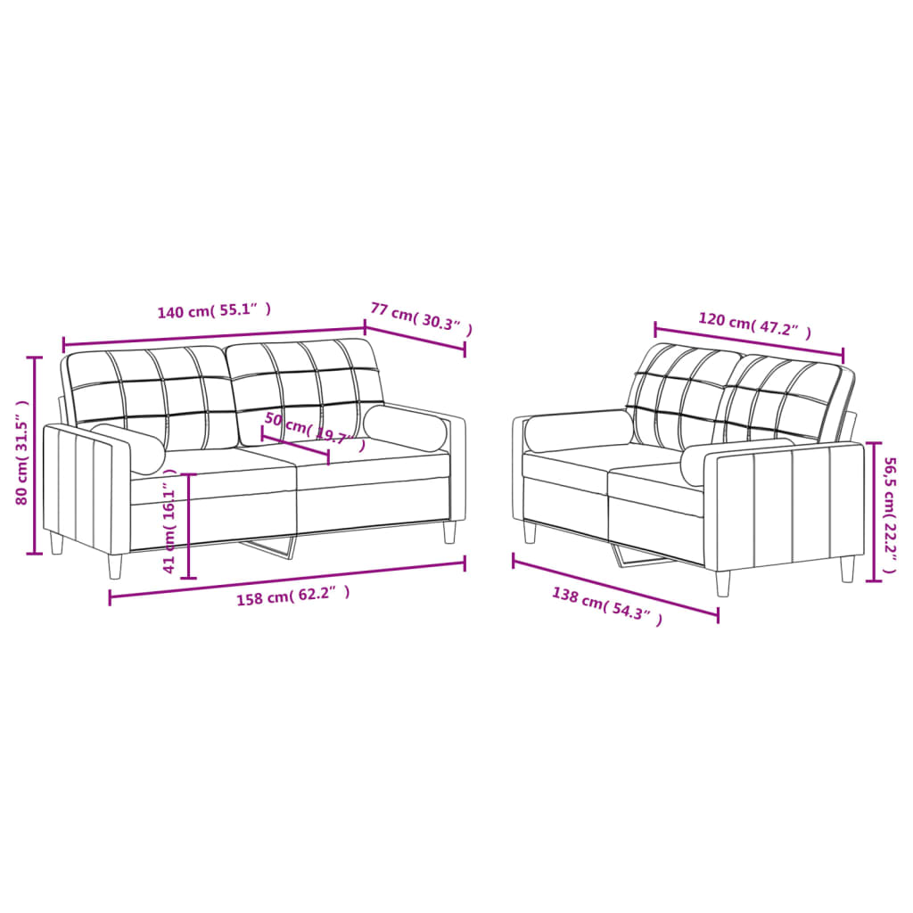 2 pcs conjunto de sofás com almofadas tecido castanho