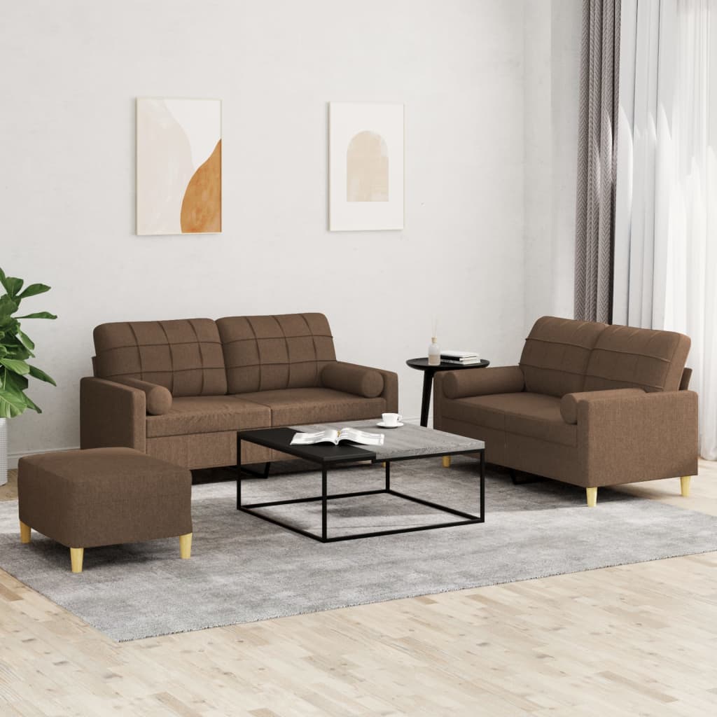 3 pcs conjunto de sofás com almofadas tecido castanho