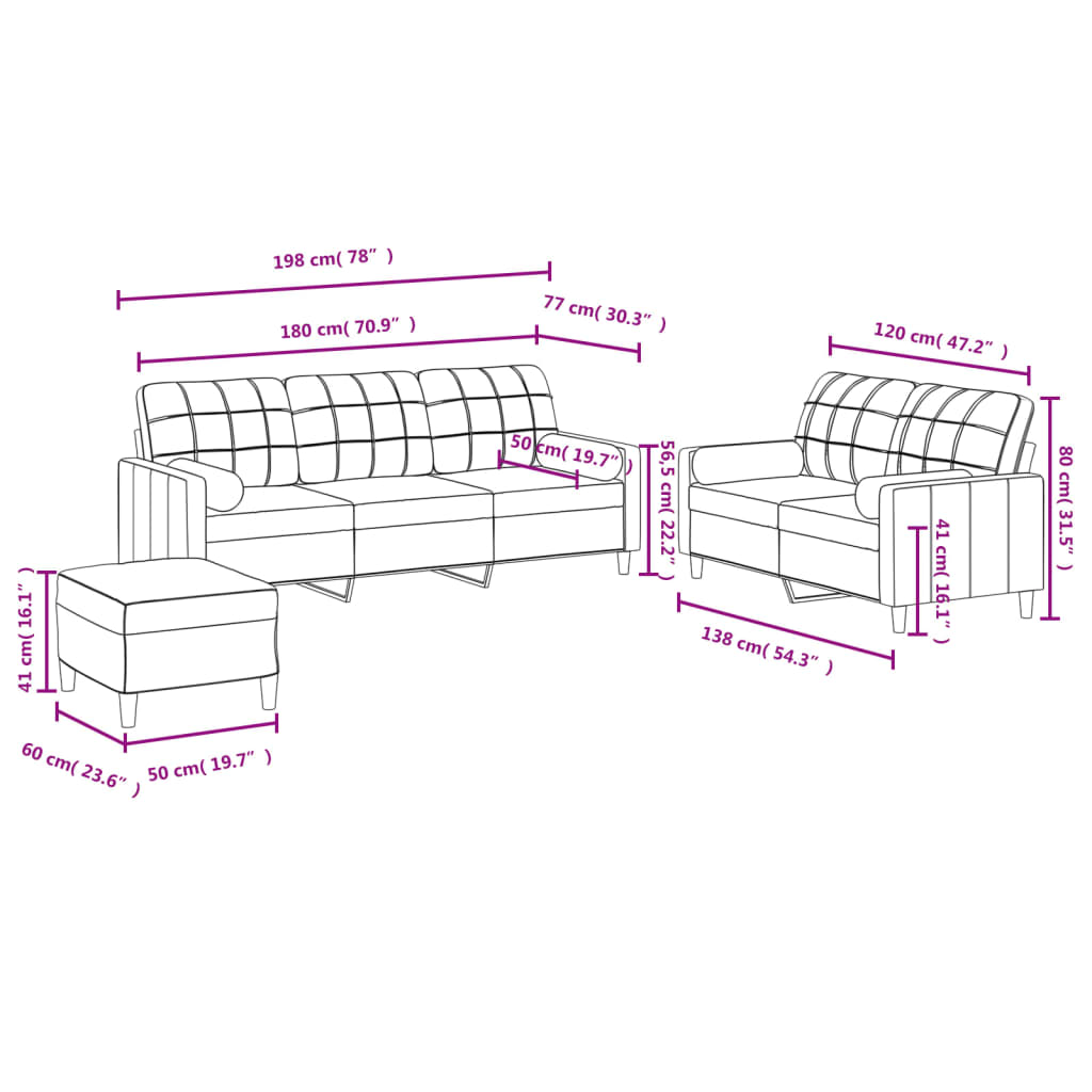 3 pcs conjunto de sofás com almofadas tecido vermelho-tinto