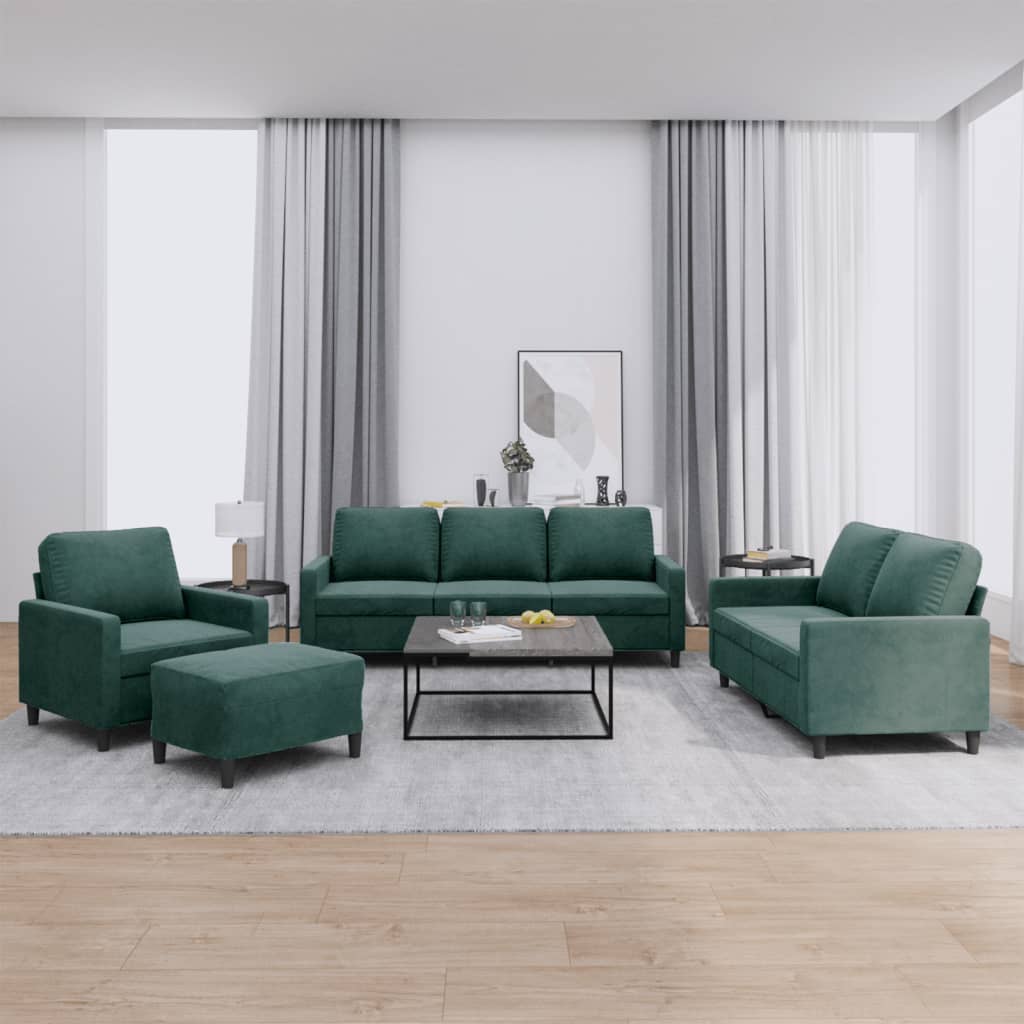 4 pcs conjunto de sofás com almofadões veludo verde-escuro