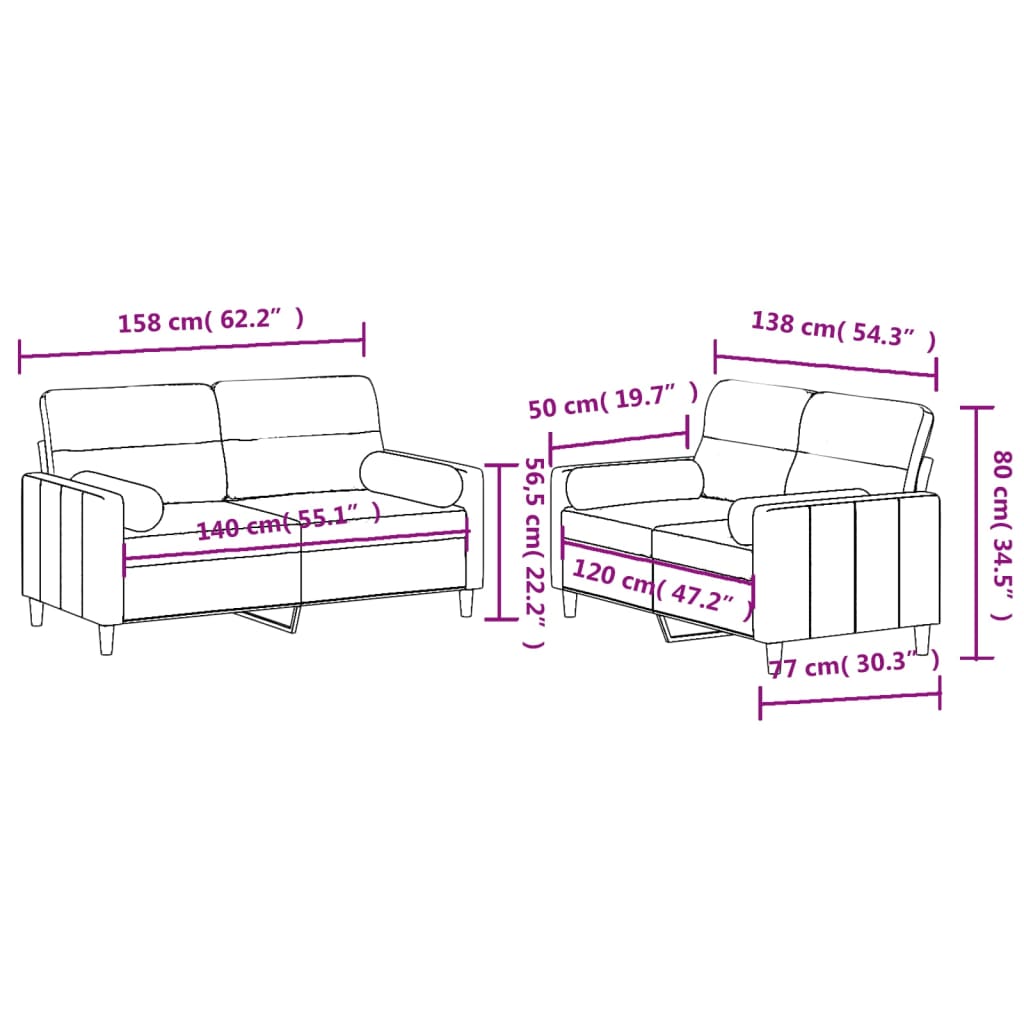2 pcs conjunto de sofás com almofadas tecido castanho
