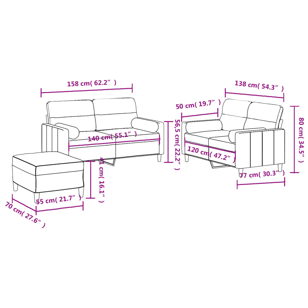 3 pcs conjunto de sofás com almofadas tecido castanho